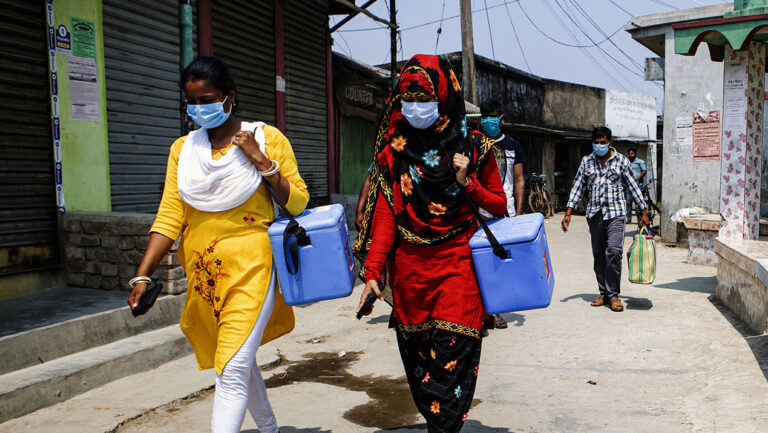 Nurses delivering Covishield Vaccinations to local vaccination points, in the Sunderbarn, India