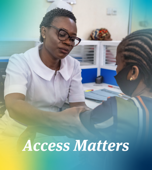 A nurse takes the blood pressure of a pregnant woman. The words 'Access Matters' overlay the image.