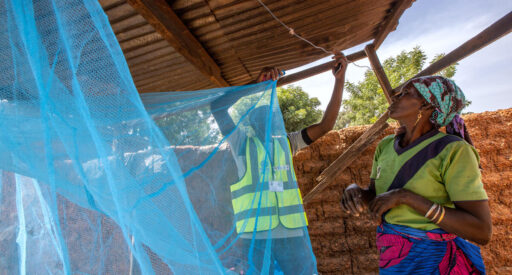 Two people are hanging mosquito nets