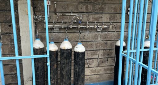 A series of oxygen tanks outside a healthcare centre in Kenya.